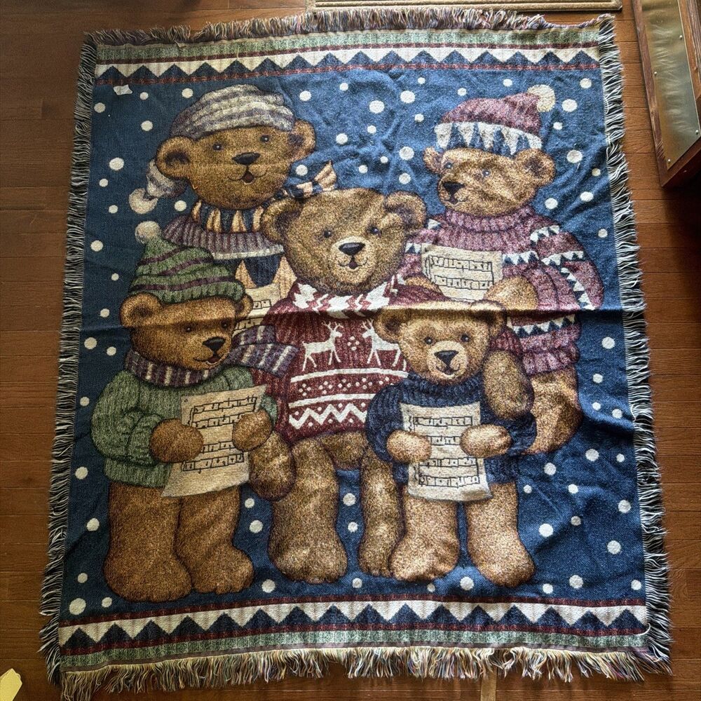 Vintage Mohawk Home Christmas Teddy Bears Caroling Woven Tapestry Throw Blanket